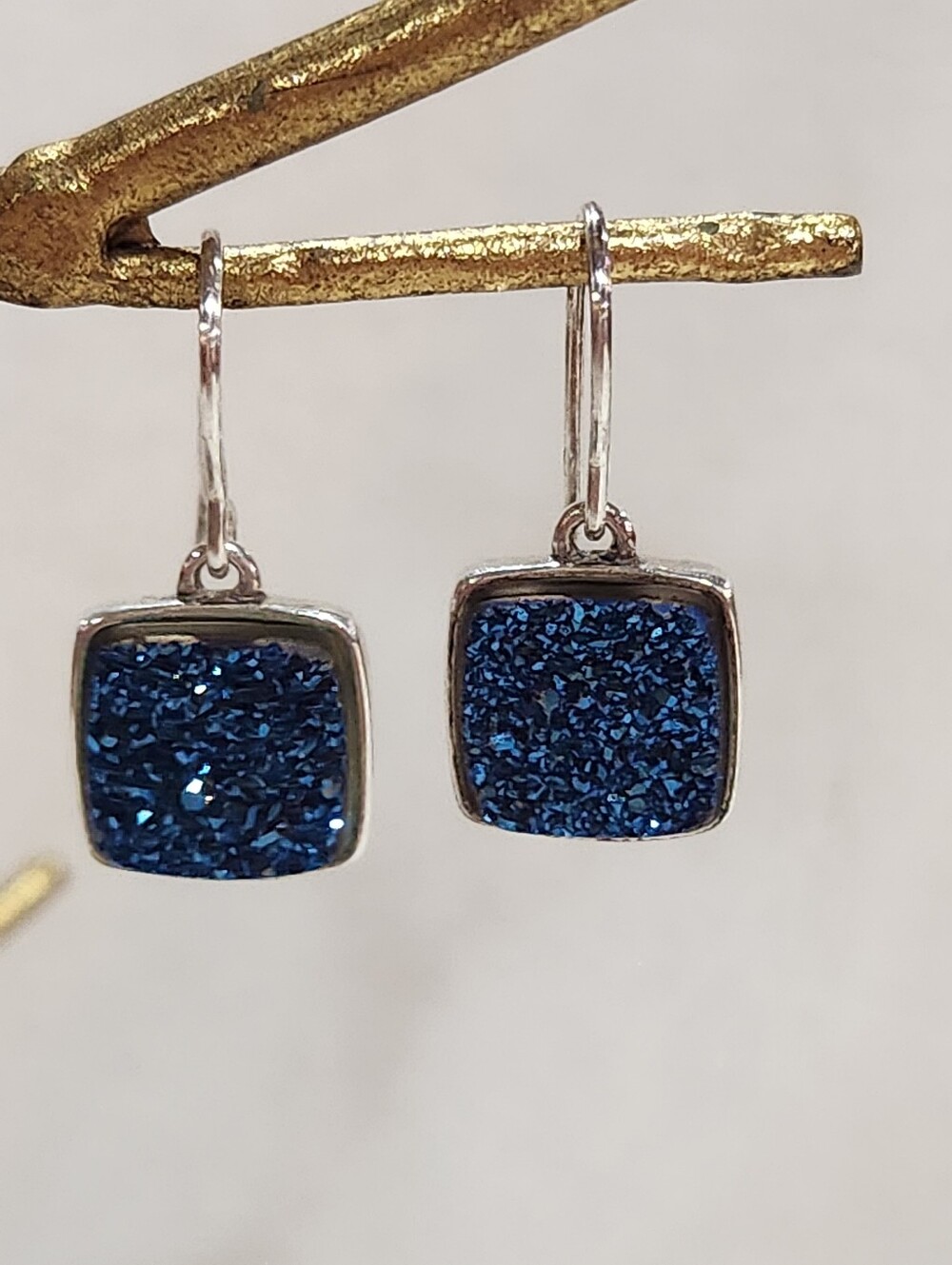Sterling Silver Square Blue Druzy Quarts Drop Earrings